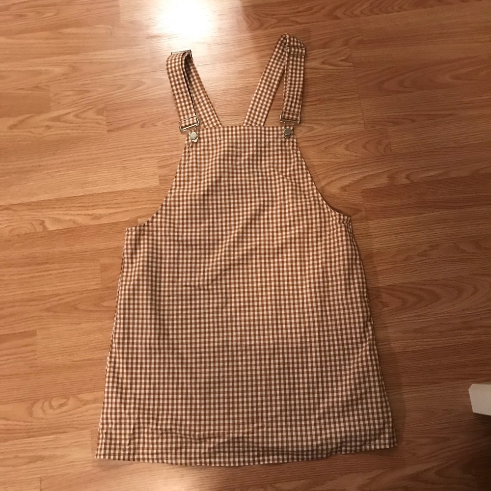 gingham print overall dress.